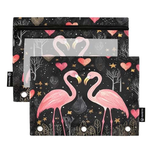 MCHIVER Federmäppchen mit Flamingo-Herzmotiv, für 3-Ringbinder, Bleistiftbeutel mit Reißverschlüssen, transparentes Fenster, Bindertaschen, Bleistiftbeutel für Arbeit, Büro, Alltag, 2 Packungen von MCHIVER