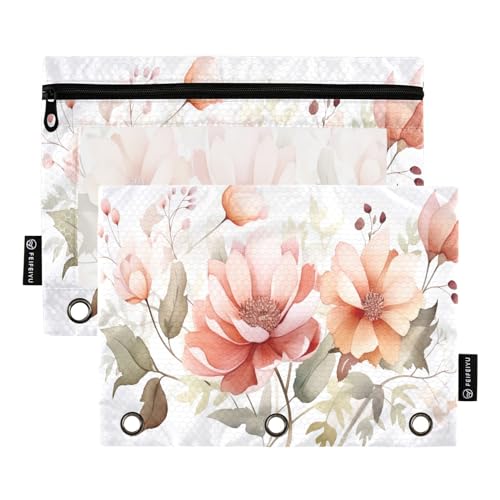 MCHIVER Federmäppchen mit Magnolien-Blumen-Motiv, für 3-Ringbinder, Bleistiftbeutel mit Reißverschlüssen, transparentes Fenster, Bindertaschen, Bleistifttaschen für Organizer, Büro, Arbeit, Alltag, 2 von MCHIVER