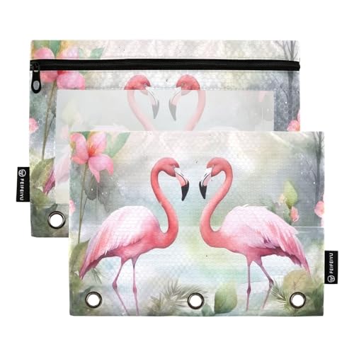 MCHIVER Flamingo Aquarell-Federmäppchen für 3-Ringbinder, Bleistifttaschen mit Reißverschlüssen, transparentes Fenster, Bindertaschen, Bleistifttaschen für Büro, tägliche Arbeit, 2 Packungen von MCHIVER