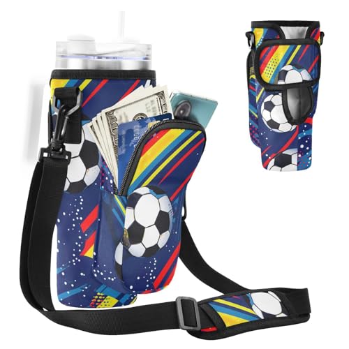 MCHIVER Fußball-Sportball-Wasserflaschenhalter mit Handytaschen für 1,2 l Becher mit Griff, Wasserflaschen-Tragetasche für Spaziergänge, Wandern, Fußball-Sportball, Einheitsgröße von MCHIVER