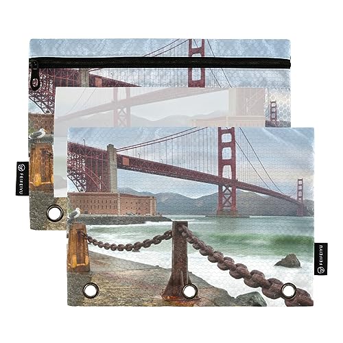 MCHIVER Golden Gate Bridge Federmäppchen für 3-Ringbuch-Bleistiftbeutel mit Reißverschlüssen, durchsichtiges Fenster, Bindertaschen, Bleistifttaschen für Arbeit, Büro, Alltag, 2 Packungen von MCHIVER