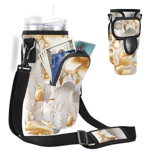 MCHIVER Golden Roses Wasserflaschenhalter mit Handytaschen für 1,2 l Becher mit Griff, Wasserflaschen-Tragetasche mit Gurt zum Wandern, Spazierengehen, Goldene Rosen, Einheitsgröße von MCHIVER