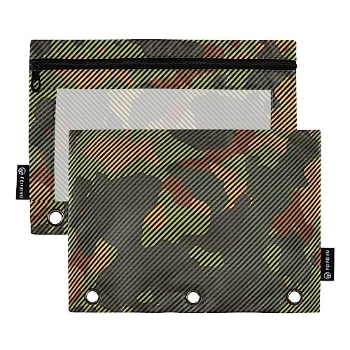 MCHIVER Grünbraun gestreiftes Camouflage-Bleistiftetui für 3-Ring-Bleistiftbeutel mit Reißverschlüssen, durchsichtiges Fenster, Bindertaschen, Bleistiftbeutel für Arbeit, Alltag, Organizer, Büro, 2 von MCHIVER