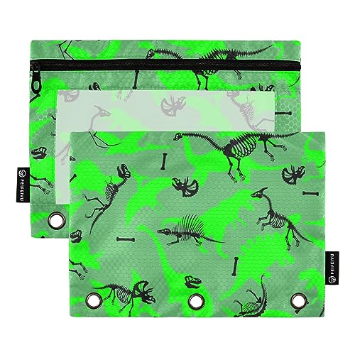 MCHIVER Grüne Dinosaurier-Skelette-Federmäppchen für 3-Ringbuch-Bleistiftbeutel mit Reißverschlüssen, durchsichtiges Fenster, Bindertaschen, Bleistifttaschen für Arbeit, Alltag, Büro, 2 Packungen von MCHIVER