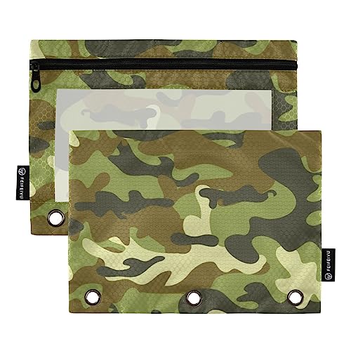 MCHIVER Grünes Camouflage-Federmäppchen für 3-Ring-Bleistiftbeutel mit Reißverschlüssen, durchsichtiges Fenster, Bindertaschen, Bleistiftbeutel für Büro, tägliche Arbeit, 2 Packungen von MCHIVER