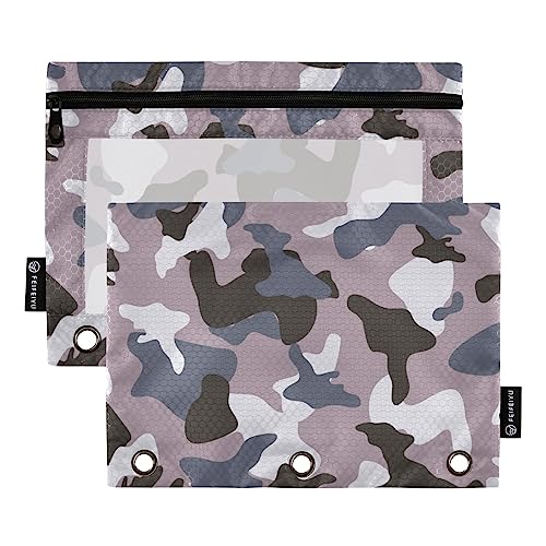 MCHIVER Lila Schwarz Camouflage Federmäppchen für 3 Ringbuch-Bleistiftbeutel mit Reißverschlüssen Klarsichtfenster Bindertaschen Bleistiftbeutel für Arbeit Alltag Organizer Büro 2 Packungen von MCHIVER