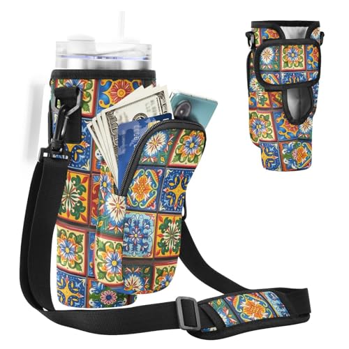 MCHIVER Mexikanischer Talavera-Keramik-Wasserflaschenhalter mit Handytaschen für 1,2 l Becher mit Griff, Wasserflaschen-Tragetasche, Schultertasche für Wandern, Reisen, Mexikanische Talavera-Keramik, von MCHIVER