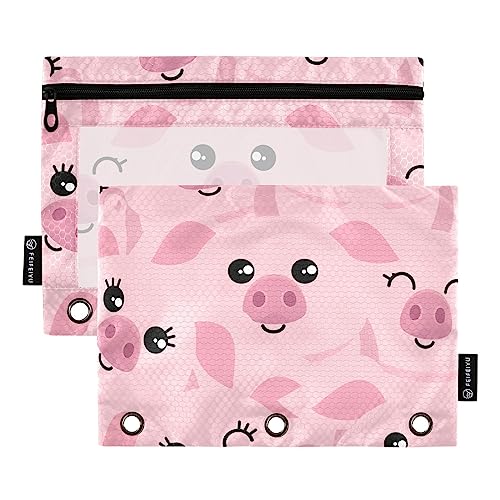 MCHIVER Niedliche Schweine rosa Federmäppchen für 3 Ringbuch-Bleistiftbeutel mit Reißverschlüssen, durchsichtiges Fenster, Bindertaschen, Bleistifttaschen für Arbeit, Alltag, Organizer, Büro, 2 von MCHIVER