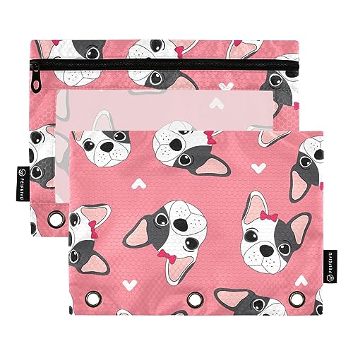 MCHIVER Pink Bulldogs Federmäppchen für 3-Ringbuch-Bleistiftbeutel mit Reißverschlüssen, durchsichtiges Fenster, Bindertaschen, Bleistifttaschen für Arbeit, Büro, täglicher Organizer, 2 Packungen von MCHIVER