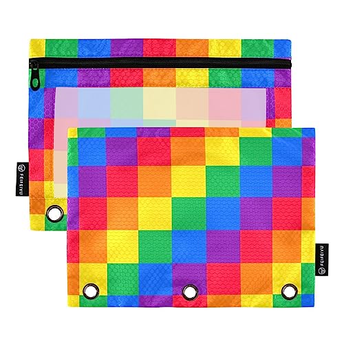 MCHIVER Quadratisches Federmäppchen in Regenbogenfarben, für 3-Ringbuch-Bleistiftbeutel mit Reißverschlüssen, durchsichtiges Fenster, Bindertaschen, Bleistifttaschen für Arbeit, Büro, Alltag, 2 von MCHIVER
