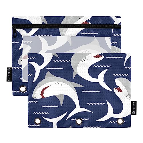 MCHIVER Sharks Federmäppchen für 3-Ringbuch-Bleistiftbeutel mit Reißverschlüssen, durchsichtiges Fenster, Bindertaschen, Bleistifttaschen für Arbeit, Büro, Alltag, 2 Packungen von MCHIVER