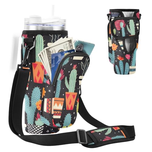 MCHIVER Wasserflaschenhalter mit Handytaschen für 1,2 l Becher mit Griff, Motiv: Kaktusblume, für Camping, Wandern, Bunte Kaktusblumen, Einheitsgröße von MCHIVER