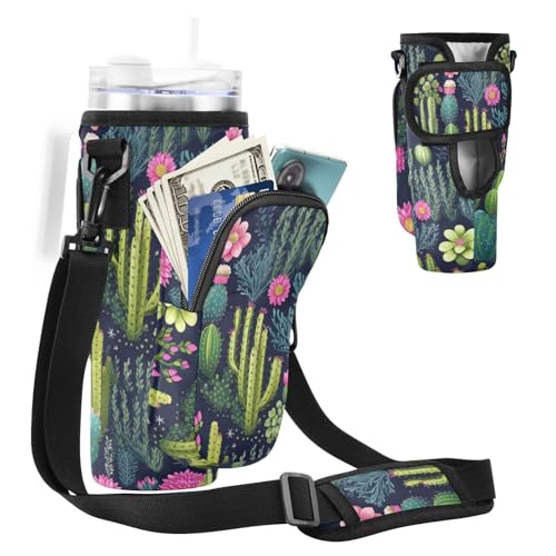 MCHIVER Wasserflaschenhalter mit Handytaschen für 1,2 l Becher mit Griff, Motiv: Kaktusblumen, Schwarz, für Wandern, Fitnessstudio, Kaktus-Blumen, Schwarz, Einheitsgröße von MCHIVER