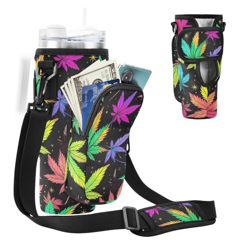 MCHIVER Wasserflaschenhalter mit Handytaschen für 1,2 l Becher mit Griff, Motiv: bunte Sterne, Blätter, für Wandern, Reisen, Bunte Sternblätter, Einheitsgröße von MCHIVER