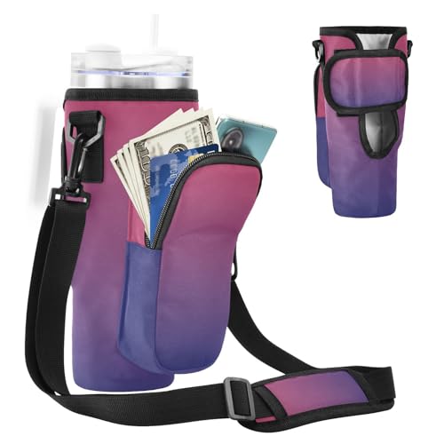 MCHIVER Wasserflaschenhalter mit Handytaschen für 1,2 l Becher mit Griff, Wasserflaschen-Tragetasche, Crossbody-Taschen für Spaziergänge, Wandern, Violett-Blauer Farbverlauf, Einheitsgröße von MCHIVER