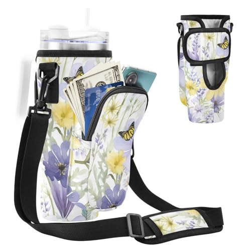 MCHIVER Wasserflaschenhalter mit Handytaschen für 1,2 l Becher mit Griff, Wasserflaschen-Tragetasche mit Gurt, für Spaziergänge, Wandern, Aquarell, Schmetterling, Blume, Einheitsgröße von MCHIVER