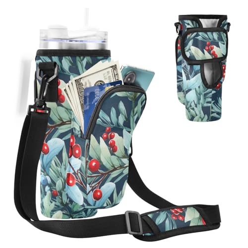 MCHIVER Wasserflaschenhalter mit Handytaschen für 1,2 l Becher mit Griff, Wasserflaschen-Tragetasche mit Gurt, für Spaziergänge, Wandern, Blau, Kiefernzweig, beerenblau, Stechpalmenblatt, von MCHIVER