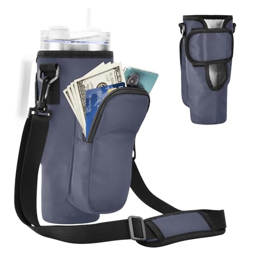 MCHIVER Wasserflaschenhalter mit Handytaschen für 1,2 l Becher mit Griff, Wasserflaschen-Tragetasche mit Gurt für Wandern, Reisen, marineblau, Einheitsgröße von MCHIVER