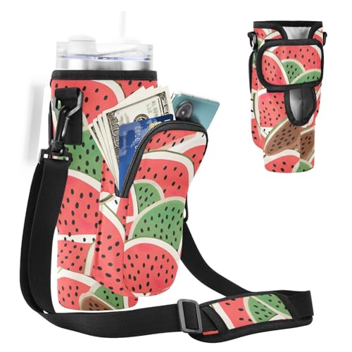 MCHIVER Wassermelonenscheiben, Rot-Grün, Wasserflaschenhalter mit Handytaschen für 1,2 l Becher mit Griff, Wasserflaschen-Tragetasche für Wandern, Camping, Wassermelonenscheiben, Rot und Grün, von MCHIVER