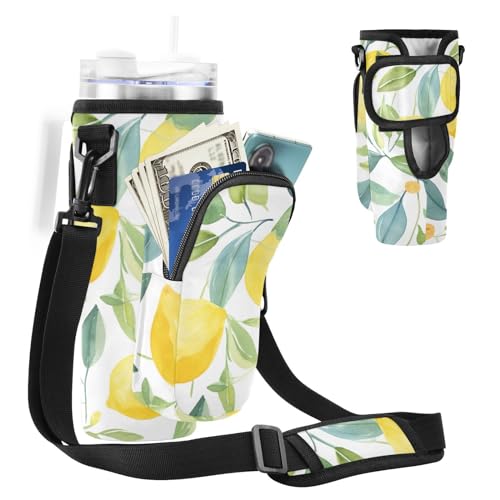 MCHIVER White Lemons Sommer-Wasserflaschenhalter mit Handytaschen für 1,2 l Becher mit Griff, Wasserflaschen-Tragetasche mit Gurt für Fitnessstudio, Wandern, White Lemons Summer, Einheitsgröße von MCHIVER