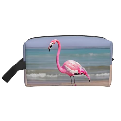 Kleine Make-up-Tasche mit Flamingo-Motiv am Strand, für Geldbörse, Reise-Make-up-Tasche, Mini-Kosmetiktasche für Herren, Rosa Flamingo am Strand, Einheitsgröße von MDATT