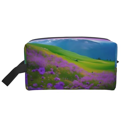 Kosmetiktasche für Damen, Motiv: Blumen, Wiese, Berge, kleine Make-up-Tasche für Geldbörse, Make-up-Tasche, Reise-Make-up-Tasche mit Reißverschluss, Violett, Natur Lila Blumen Wiese Berg Landschaft, von MDATT