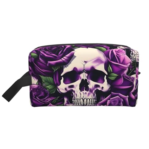 Kosmetiktasche für Damen, kleine Make-up-Tasche für Geldbörse, Make-up-Tasche, Reise-Make-up-Tasche mit Reißverschluss, Violett, Viele lila Rosen Totenkopf, Einheitsgröße von MDATT