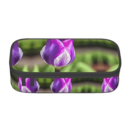 MDATT Federmäppchen mit Tulpenmuster, großes Fassungsvermögen, Federmäppchen, Stiftetasche mit 4 Fächern, für Damen und Herren, Violett von MDATT