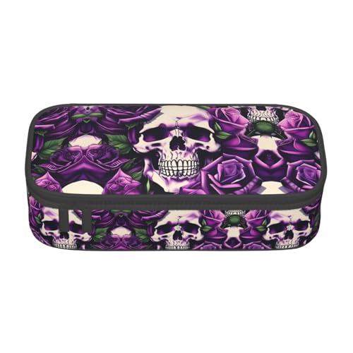 MDATT Many Purple Rose Skull Print Pencil Case Large Capacity Pencil Pouch Pen Bag with 4 Compartments for Men Women von MDATT