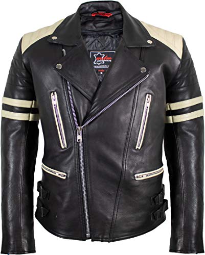 MDM Retro Motorrad Lederjacke 80´s Oldschool erhältlich (3XL, schwarz/weiß) von MDM