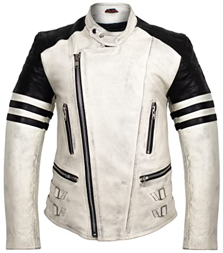 Retro Oldschool Lederjacke, Creme Weiße Motorradjacke (MDM1084 2XL) von MDM