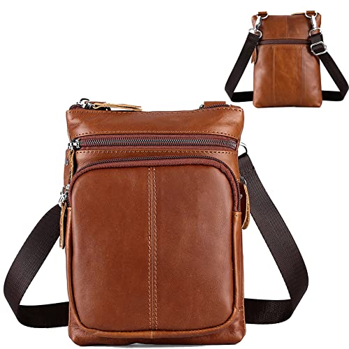 Leder Handy Umhängetasche zum Umhängen Herren Braun, Leder Handy Schulter Holster Kleine Satchel Seitentasche Handtasche Geldbörse Umhängetaschen Handytasche mit Schulterriemen Handy Messenger Bags von MEANFL