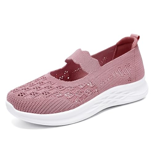 Damen Freizeit Walkingschuhe Mode Hohle Sportschuhe 2024 Neu Slip-on Sneaker Leicht Bequem Weiche Sohle Orthopädische Schuhe Sommer Atmungsaktiv Strick Mesh Turnschuhe ( Color : Pink , Size : 41 EU ) von MEECHI