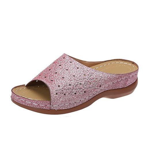 Sommer Neu Schlappen Mit Strasssteine Damen Peep Toe Hausschuhe Plateau Orthopädische Sandalen Retro Keilabsatz Slippers PU-Leder Pantoffeln Freizeit Strandschuhe(Color:Pink,Size:37 EU) von MEECHI