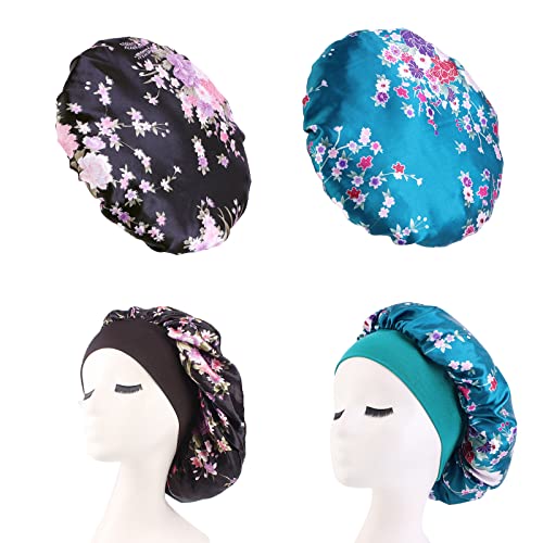 2 PCS Hair Silk Night Cap, Wiederverwendbare Elastische Nightcap Satin Cap für Haarpflege Frauen Langes Haar Lockiges Haar Badezubehör (Cyan + Schwarz) von MEETTIKEY