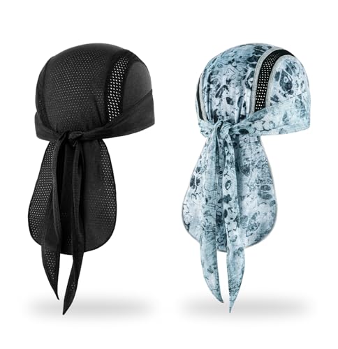 MELASA KüHlende Mesh Bandana Cap, Sports Durag Kopftuch Hat FahrradmüTze Unterhelm, SchweißSchutz LaufmüTze Fahrrad Kopfbedeckung, Schwarz & Nebelgrau von MELASA