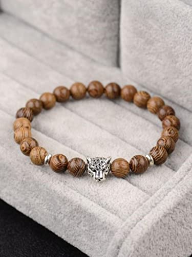 1 PC Vintage Vergoldete Leoparden Kopf Perlen Holz Buddha Perlen Elastische Seil Armband Für Paare Schmuck Zubehör-ABJ020-2 von MELRIE