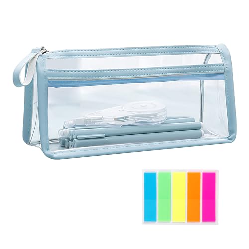 1 Stück Transparentes Federmäppchen Mit 100 Fluoreszierenden Aufklebern, Transparentes Pvc-Federmäppchen, Tragbare Kosmetiktasche, Schreibwarentasche, Geeignet Für Büro, Schule, Reisen (Blau) von MEMOFYND