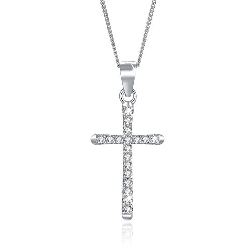 MENDOZZA Damen Kette Kreuz Anhänger 925er Silber Halskette Cross Zirkonia Silber 50 cm von MENDOZZA