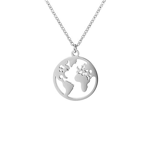 MENDOZZA Weltkarte Damen-Kette Weltkugel Anhänger Edelstahl Silber Gold Rosegold Worldmap Necklace 50 cm (Silber, 50) (Silber, 50) von MENDOZZA