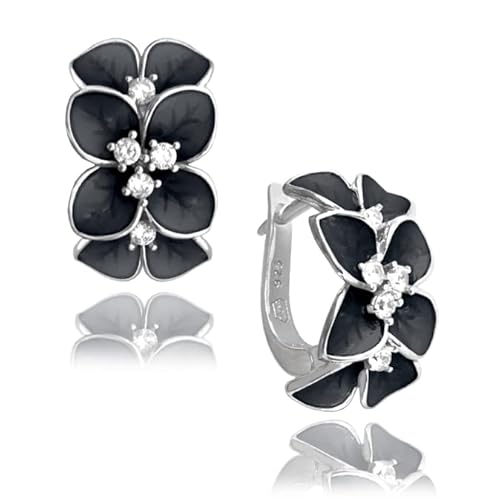 MENNICA BYDGOSKA Ohrschmuck aus Sterlingsilber Ohrringen Schwarze Blumen für Frauen Ohrstecker Hypoallergen Silber 925 mit Zirkonia Elegantes Geschenk von MENNICA BYDGOSKA