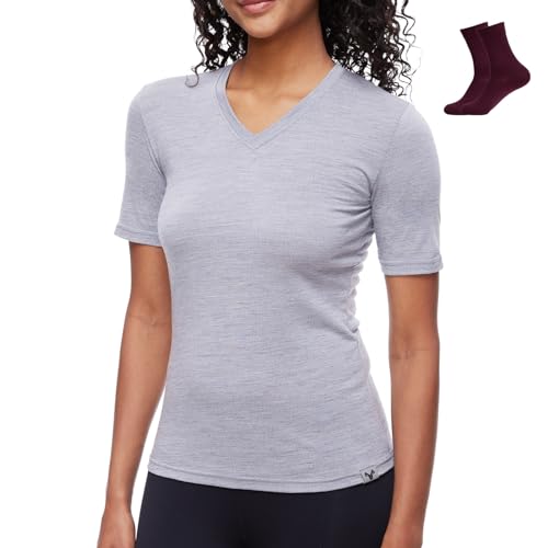 MERINNOVATION Merinowolle T-Shirt Damen Wandern und Outdoor Atmungsaktiv und Geruchsneutral Merino Unterwäsche Base Layer + Merinowolle Socks von MERINNOVATION