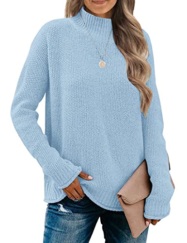 MEROKEETY Damen Langarm Rollkragen Gemütlich Strickpullover Casual Lose Pullover Pullover Tops, himmelblau, Groß von MEROKEETY