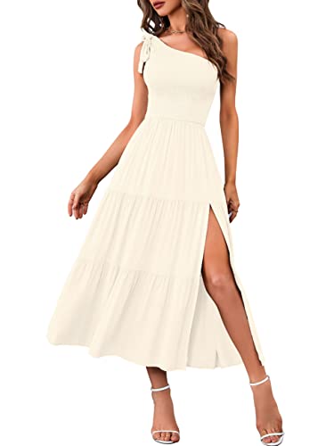 MEROKEETY Damen-Sommerkleid, ärmellos, Knoten, gesmokt, Midikleid, geteilt, gestuft, fließend, Beige, Klein von MEROKEETY