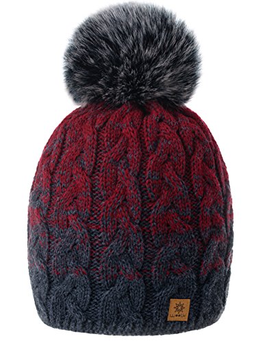 MFAZ Morefaz Ltd Damen Herren Winter Beanie Strickmütze Mütze Wurm Fleece Bommel Fashion SKI (Dark-Grey Burgundy) von MFAZ Morefaz Ltd