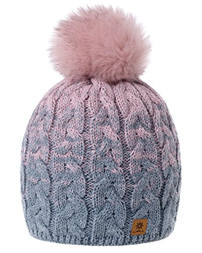 MFAZ Morefaz Ltd Damen Herren Winter Beanie Strickmütze Mütze Wurm Fleece Bommel Fashion SKI (Grey Rose-Pink) von MFAZ Morefaz Ltd