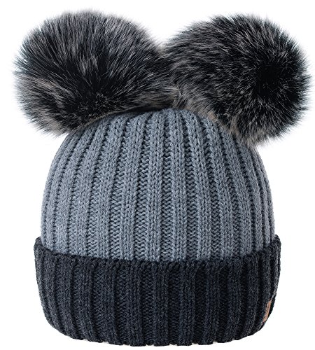 MFAZ Morefaz Ltd Damen Winter Beanie Strickmütze Mütze Doppelt Bommel Pom Pom Wurm SKI Mütze (Dark-Grey Grey) von MFAZ Morefaz Ltd