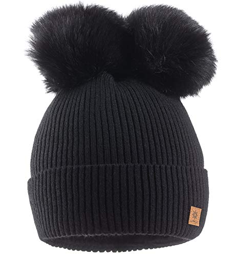 MFAZ Morefaz Ltd Damen Winter Beanie Strickmütze Mütze Doppelt Bommel Pom Pom Wurm SKI Mütze (Black) von MFAZ Morefaz Ltd