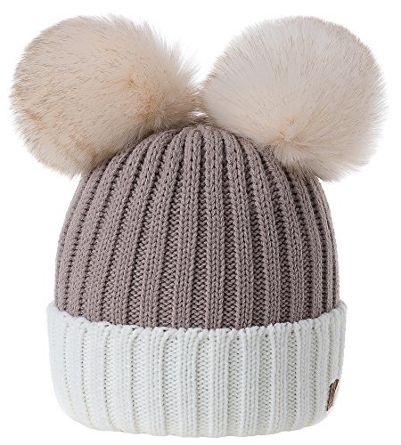 MFAZ Morefaz Ltd Damen Winter Beanie Strickmütze Mütze Doppelt Bommel Pom Pom Wurm SKI Mütze (Ecru Cacao) von MFAZ Morefaz Ltd