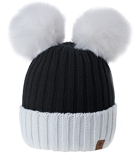 MFAZ Morefaz Ltd Damen Winter Beanie Strickmütze Mütze Doppelt Bommel Pom Pom Wurm SKI Mütze (White Black) von MFAZ Morefaz Ltd